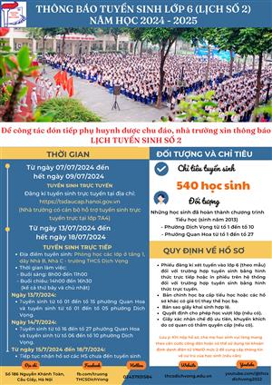 THÔNG BÁO TUYỂN SINH LỚP 6 (LỊCH SỐ 2) NĂM HỌC 2024-2025