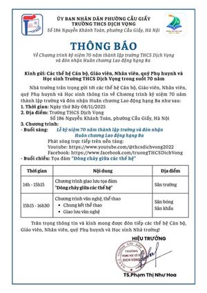 THÔNG BÁO VỀ CHƯƠNG TRÌNH KỶ NIỆM 70 NĂM THÀNH LẬP TRƯỜNG THCS DỊCH VỌNG VÀ ĐÓN NHẬN HUÂN CHƯƠNG LAO ĐỘNG HẠNG BA