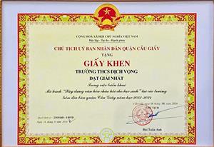 TRƯỜNG THCS DỊCH VỌNG ĐẠT GIẢI NHẤT MÔ HÌNH “XÂY DỰNG VĂN HOÁ CHÀO HỎI CHO HỌC SINH” TRONG CÁC TRƯỜNG MẦM NON, TIỂU HỌC, TRUNG HỌC CƠ SỞ TRÊN ĐỊA BÀN QUẬN CẦU GIẤY