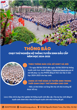 THÔNG BÁO CHẠY THỬ NGHIỆM HỆ THỐNG TUYỂN SINH TRỰC TUYẾN LỚP 6 NĂM HỌC 2024 - 2025