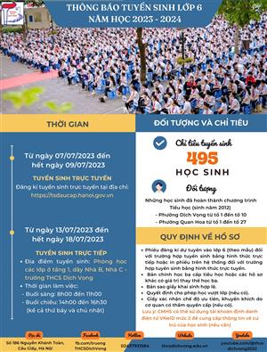 THÔNG BÁO TUYỂN SINH LỚP 6 NĂM HỌC 2023-2024