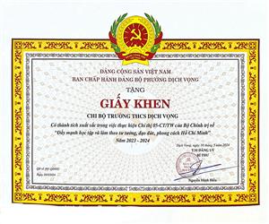Chi bộ Trường THCS Dịch Vọng và thầy giáo Hiệu trưởng nhà trường nhận giấy khen của Đảng ủy phường Dịch Vọng vì có thành tích xuất sắc trong thực hiện Chỉ thị 05-CT/TW của Bộ Chính trị