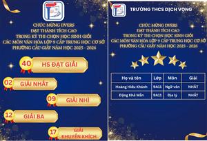 🏆 VINH DANH THÀNH TÍCH CỦA HỌC SINH TRƯỜNG THCS DỊCH VỌNG TẠI KỲ THI CHỌN HỌC SINH GIỎI CÁC MÔN VĂN HÓA LỚP 9 CẤP TRUNG HỌC CƠ SỞ PHƯỜNG CẦU GIẤY NĂM HỌC 2025 - 2026🏆
